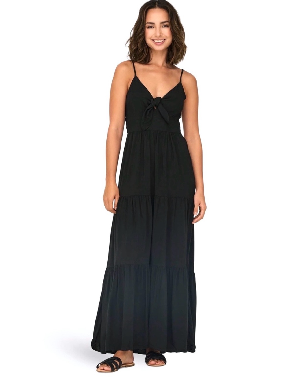 JUSTIFY Black Tiered Front Tie Maxi Dress Smocked Rayon JRS LARGE Cottagecore